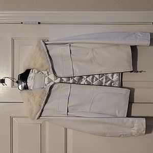 Snow Bunny white leather moto jacket with soft fur collar